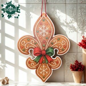 Gingerbread Fleur de Lis Door Hanger New Orleans Coquette Bow Christmas Decor